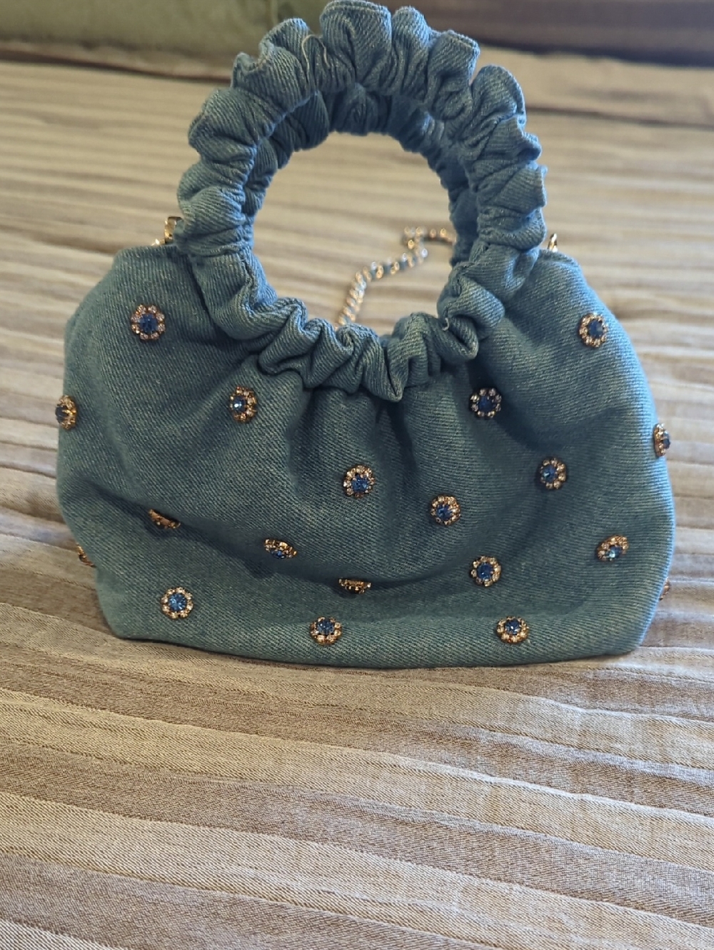 Blue Jeweled Scrunchie-Handle Mini Shoulder Bag